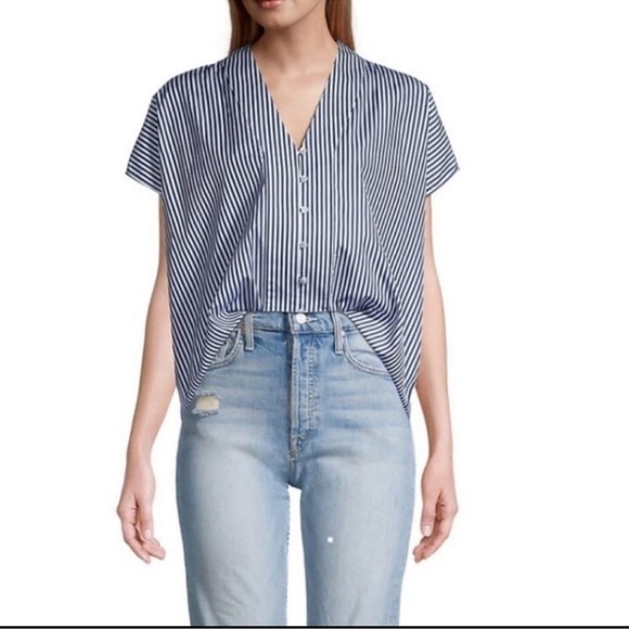 Harshman Los Angeles Blue and White Boxy Button Down Blouse - Picture 2 of 6